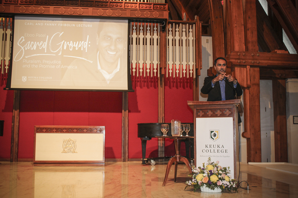 Interfaith Youth Core founder and President Eboo Patel takes questions from Keuka College students Friday, May 5, prior to delivering the 29th Annual Carl and Fanny Fribolin Lecture.